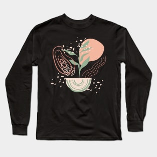 Abstract shapes lines dots and plant leaves digital design illustration Long Sleeve T-Shirt